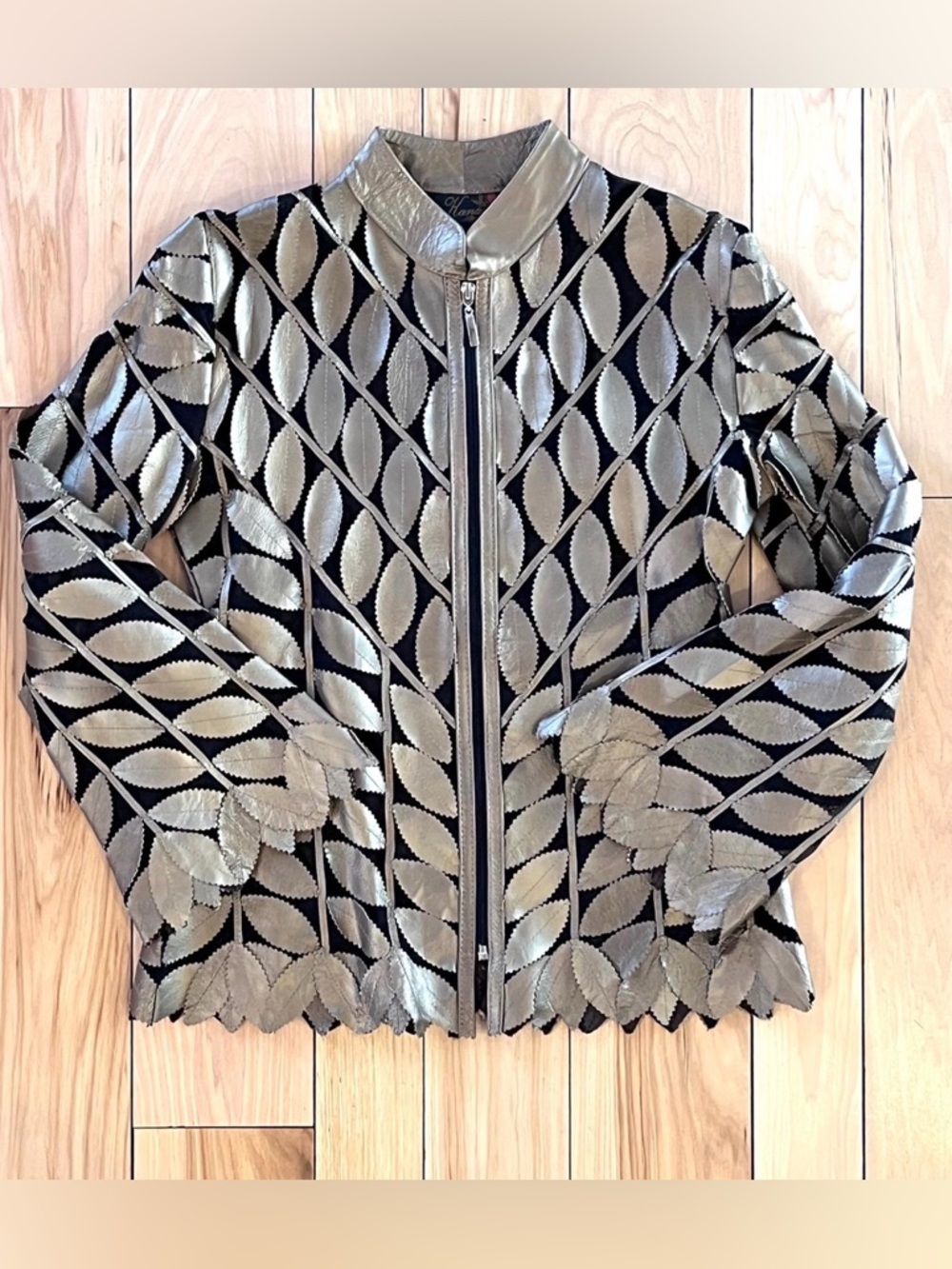 KANAR Metallic Gold Leather & Mesh Leaf Pattern Zip Jacket Sz Small made Turkey